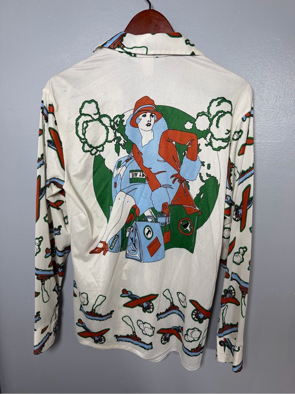 Women's White Travel-Print Button Down Shirt - Picture 3 of 7